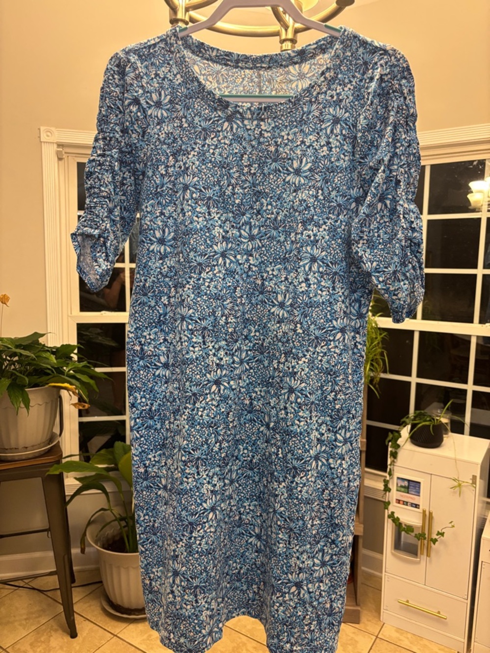 Lilly Pulitzer Blue Floral Midi Dress with Elbow Sleeves